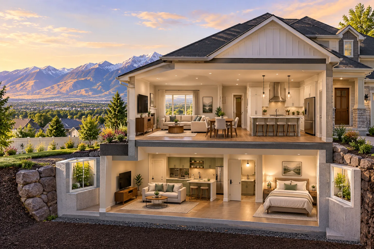 Cutaway illustration of a house with an upstairs kitchen and living room above a furnished basement with a kitchen, sofa, bed and bathroom, with mountains behind.